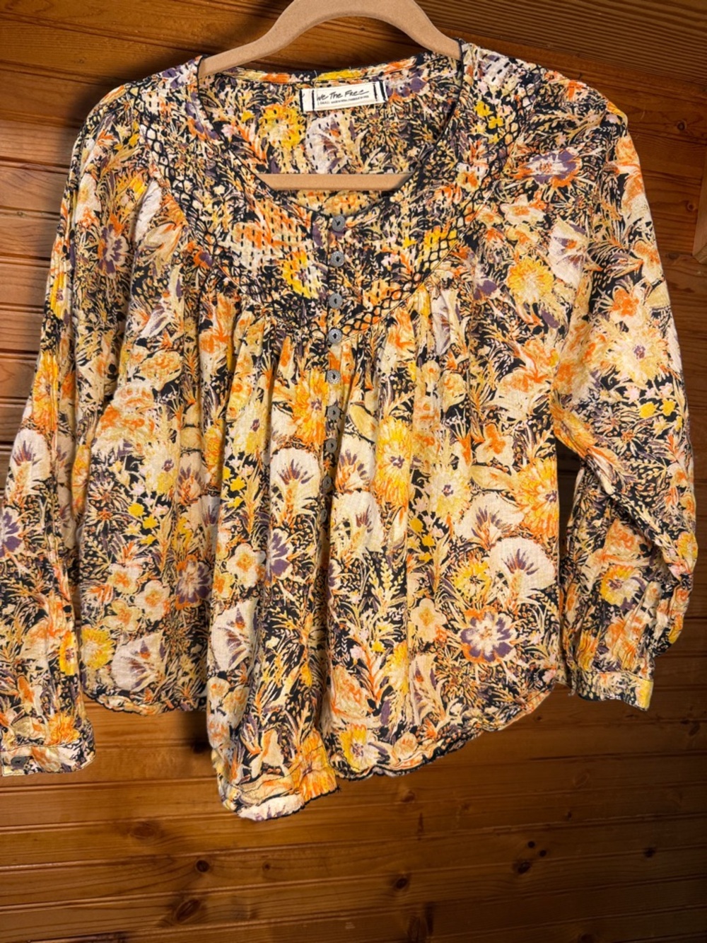 We The Free Yellow Orange Floral Smocked Yoke Peasant Top free people